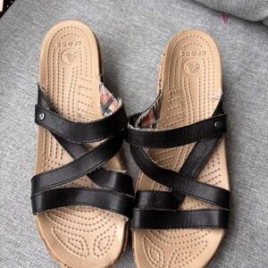 Crocs A-Leigh Mini Wedge Leather Sandals Black Cork Women's 8‎